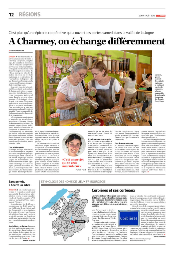Article sur l'ouverture d'EpiVrac paru dans La Liberté du 5 août 2019