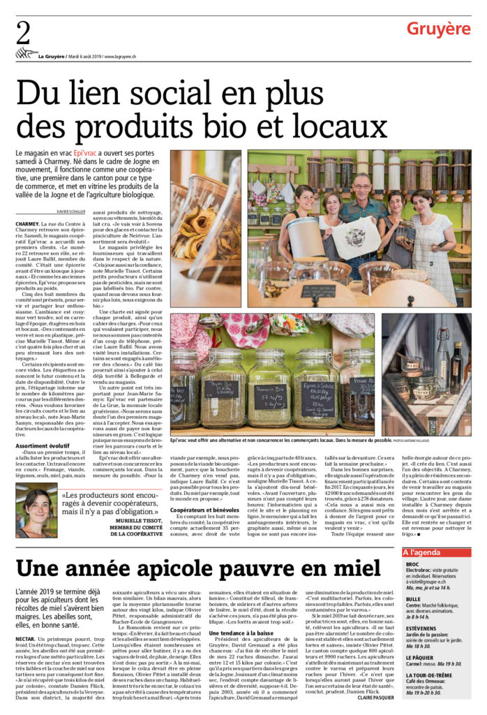 Article ouverture Epi'Vrac paru dans La Gruyère.